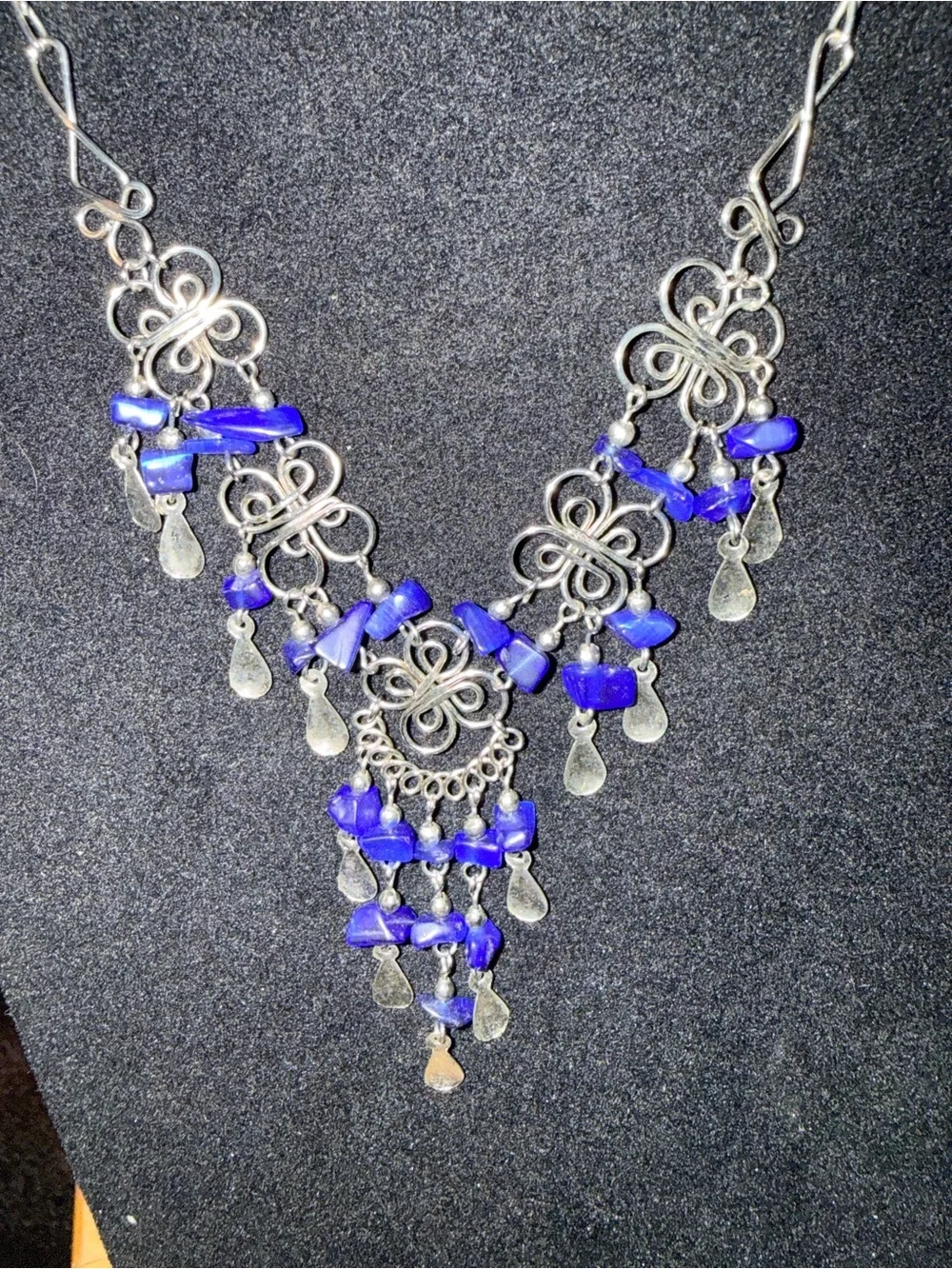 Silver Tone Filigree Statement Necklace and Earrings Set with Blue Stones